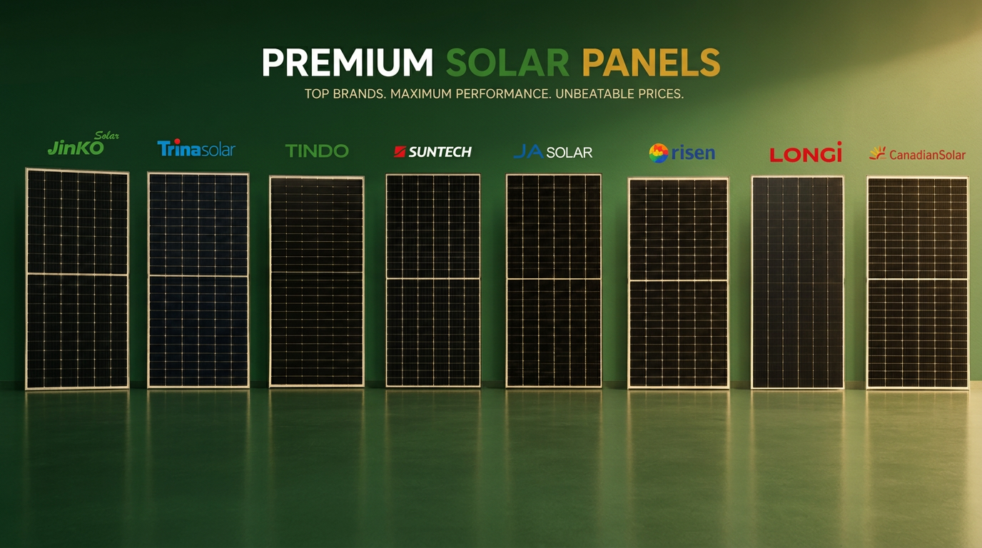 Premium solar panel brands we install — Jinko, Trina, Tindo, Suntech, JA Solar, Risen, LONGi and Canadian Solar